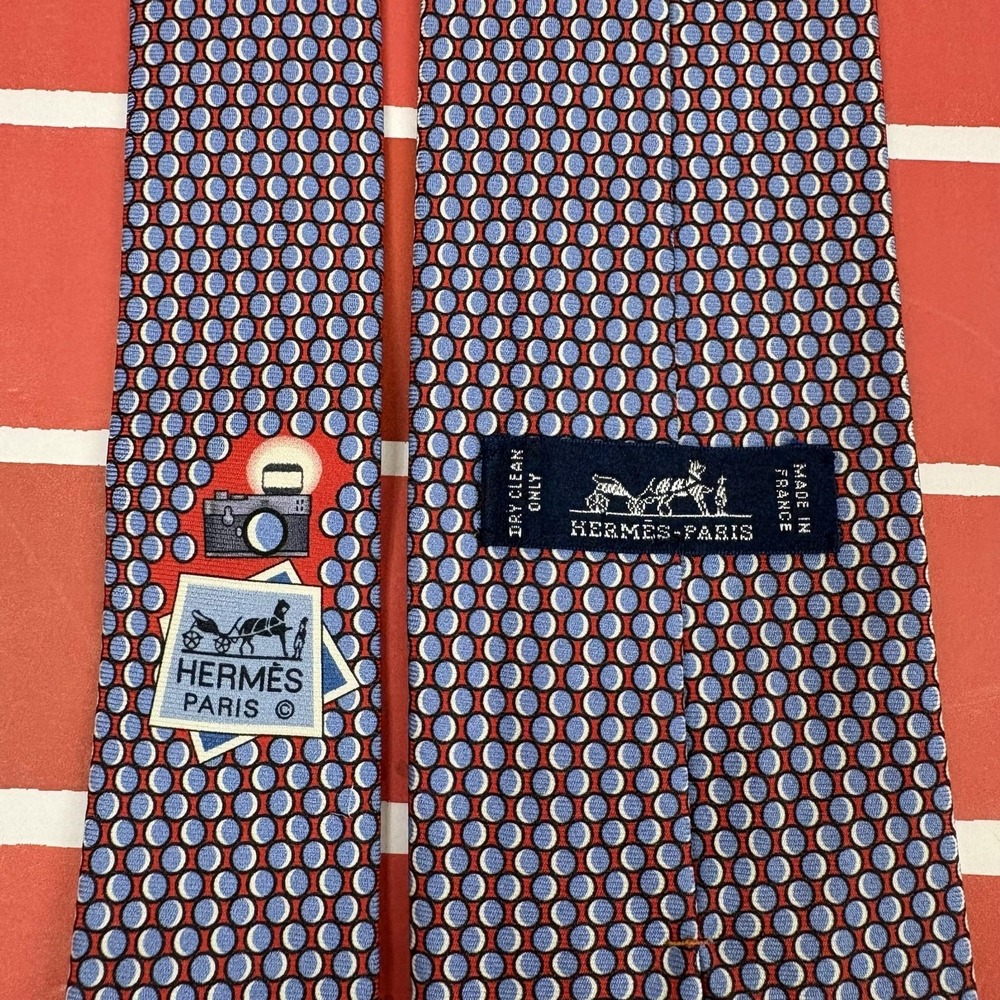 Hermes Silk Tie Paparazzi 645771 HA Mens Blue Photography Geometric Print France